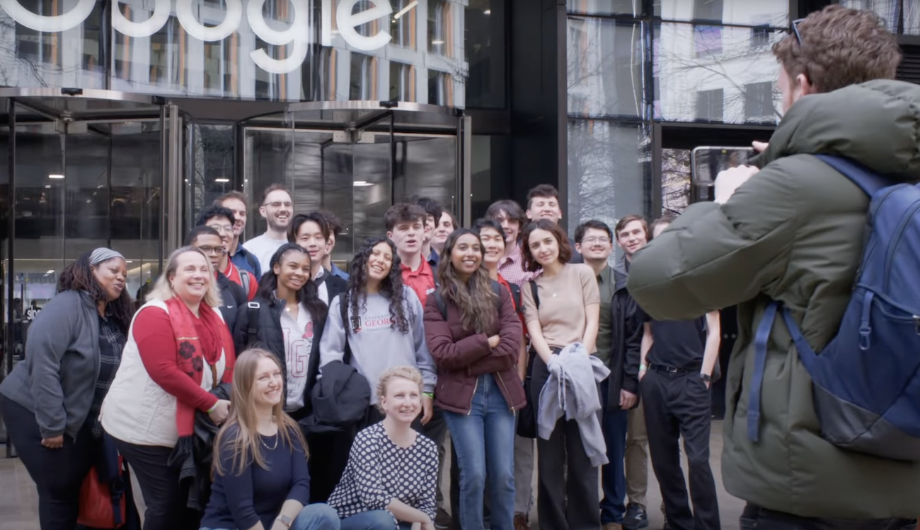 UGA computer science students pose for photo in front of Google on Connect Abroad trip to England